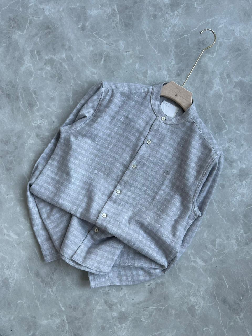LIGHT GRAY LINEN MANDRIAN COLLAR SHIRT