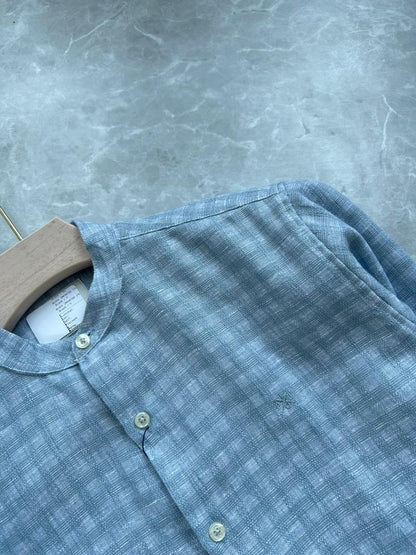 BLUE IMPORTED LINEN MANDRIAN COLLAR SHIRT