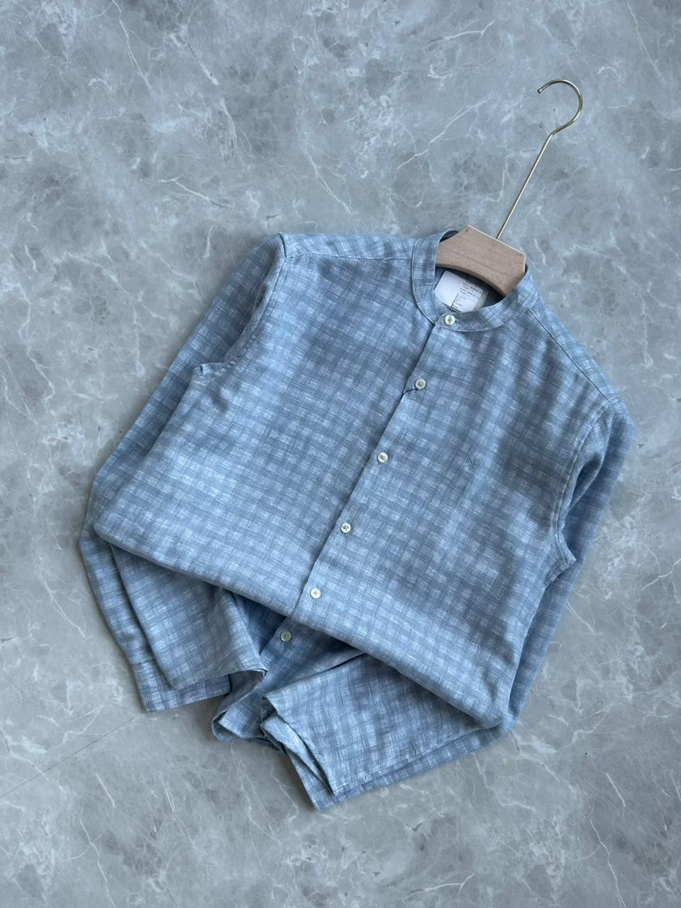 BLUE IMPORTED LINEN MANDRIAN COLLAR SHIRT