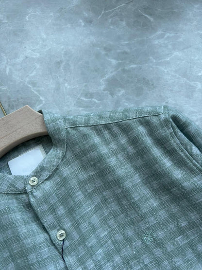 GREEN LINEN IMPORTED MANDRIAN COLLAR SHIRT