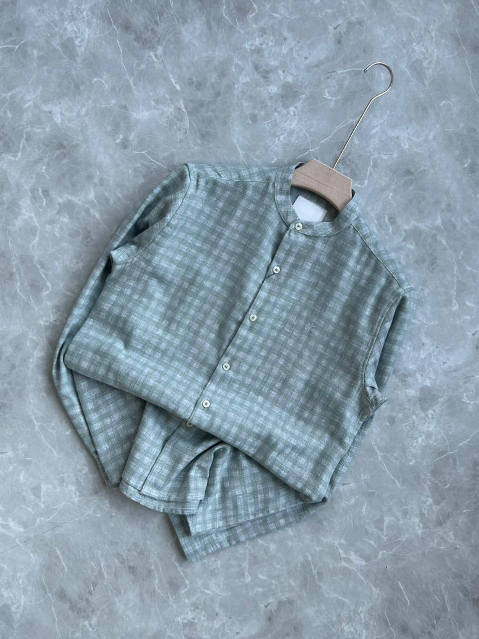 GREEN LINEN IMPORTED MANDRIAN COLLAR SHIRT