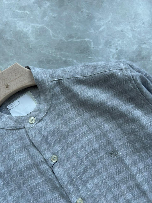 LIGHT GRAY LINEN MANDRIAN COLLAR SHIRT