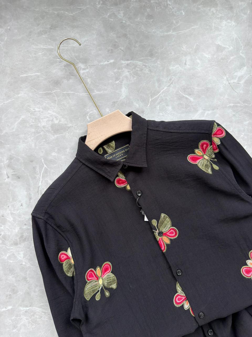 BLACK IMPORTED BUTTERFLY EMBROIDERY SHIRT