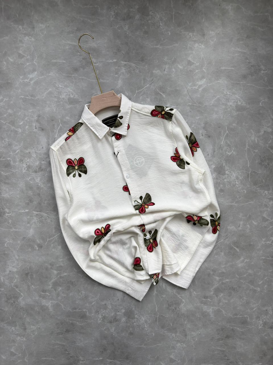 WHITE BUTTERFLY  IMPORTED EMBROIDERY SHIRT