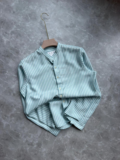 BLUE IMPORTED STRIPES MANDRIAN COLLAR SHIRT