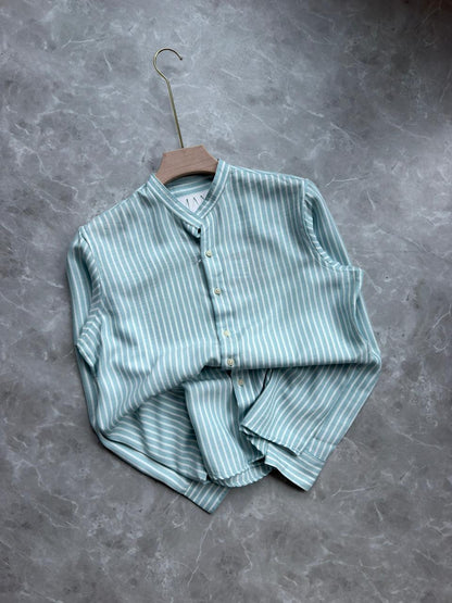 BLUE IMPORTED STRIPES MANDRIAN COLLAR SHIRT