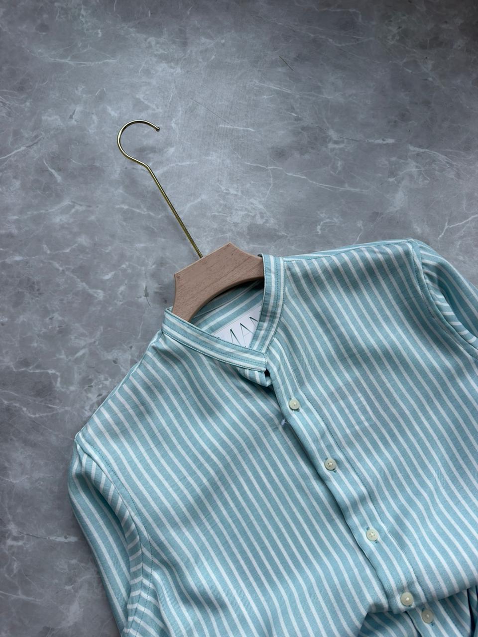BLUE IMPORTED STRIPES MANDRIAN COLLAR SHIRT