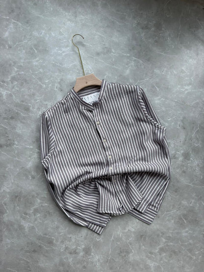 LAVENDER IMPORTED STRIPES MANDRIAN COLLAR SHIRT