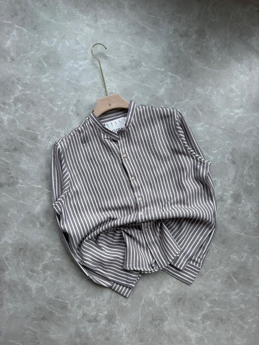 LAVENDER IMPORTED STRIPES MANDRIAN COLLAR SHIRT