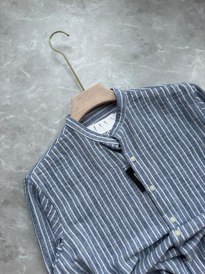 BLUE IMPORTED STRIPES MANDRIAN COLLAR SHIRT
