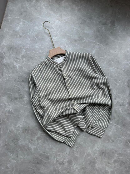 DARK GRAY IMPORTED STRIPES MANDRIAN COLLAR SHIRT
