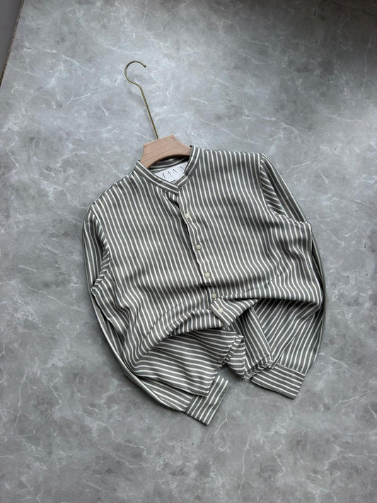DARK GRAY IMPORTED STRIPES MANDRIAN COLLAR SHIRT