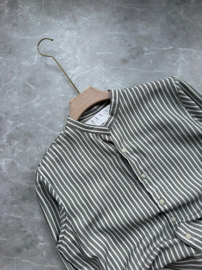 DARK GRAY IMPORTED STRIPES MANDRIAN COLLAR SHIRT