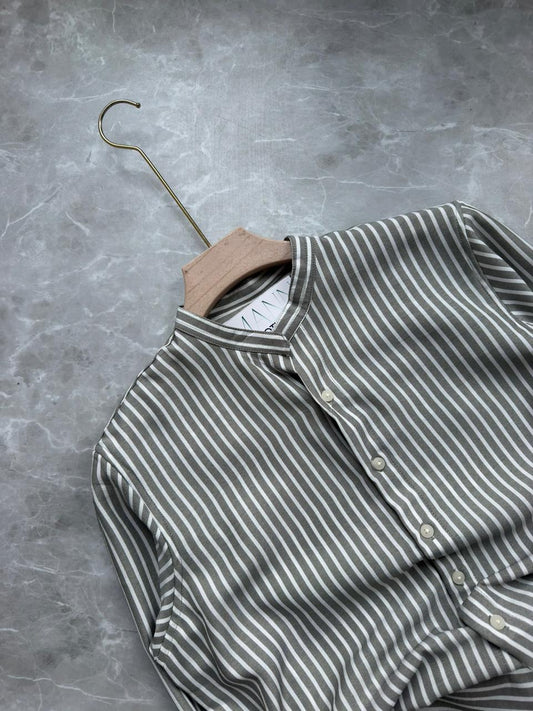 DARK GRAY IMPORTED STRIPES MANDRIAN COLLAR SHIRT