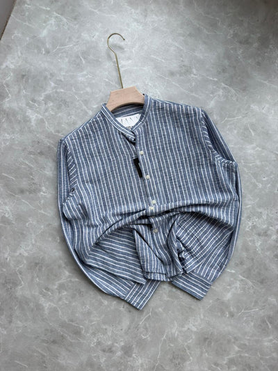 BLUE IMPORTED STRIPES MANDRIAN COLLAR SHIRT