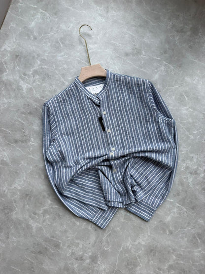 BLUE IMPORTED STRIPES MANDRIAN COLLAR SHIRT