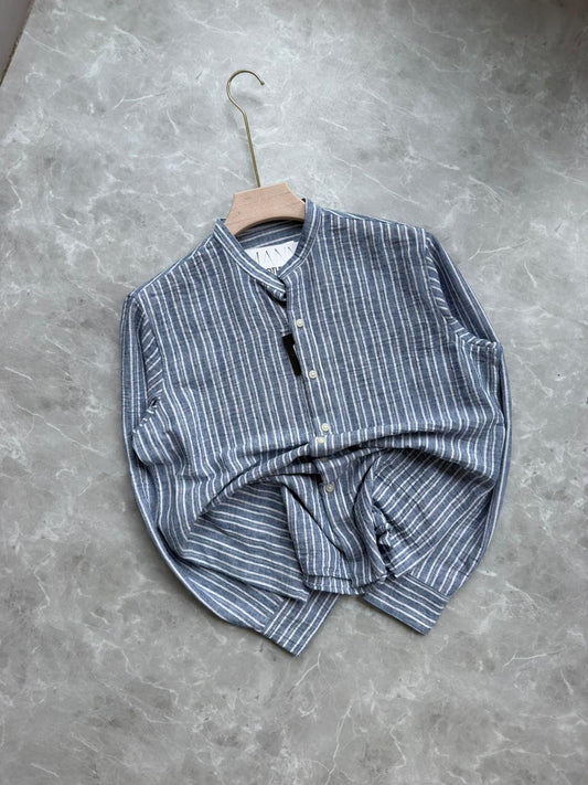 BLUE IMPORTED STRIPES MANDRIAN COLLAR SHIRT