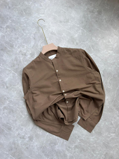 BROWN LINEN MANDRIAN COLLAR SHIRT