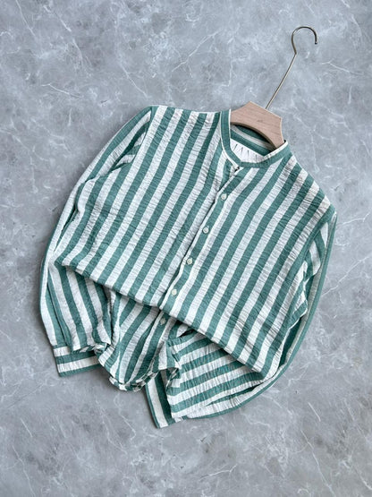 GREEN STRIPES IMPORTED MANDRIAN COLLAR SHIRT
