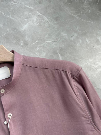 PINK LINEN MANDRIAN COLLAR SHIRT