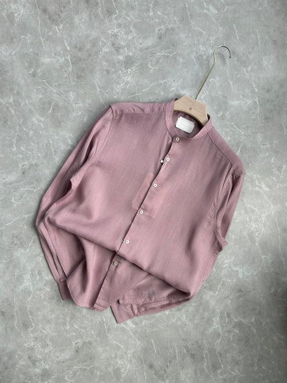 PINK LINEN MANDRIAN COLLAR SHIRT
