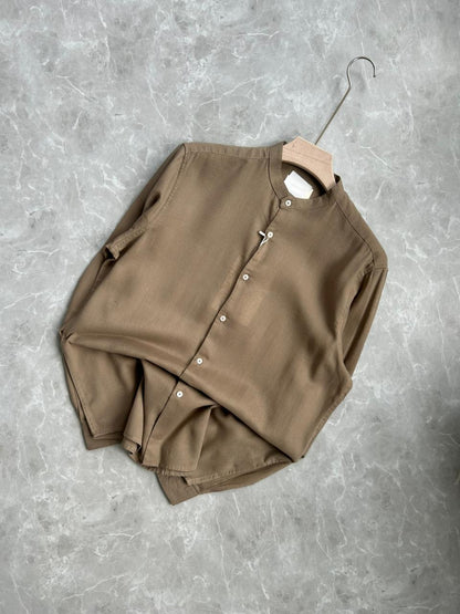 PASTEL BROWN LINEN MANDRIAN COLLAR SHIRT