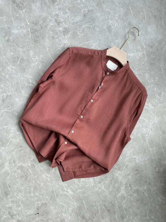 TERRACOTTA LINEN MANDRIAN COLLAR SHIRT