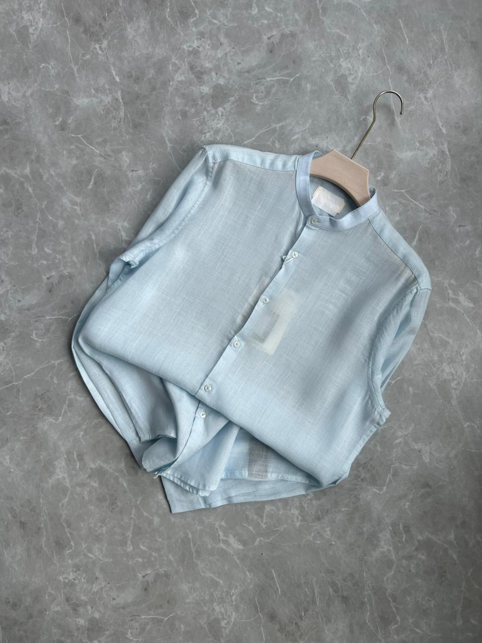 SKY BLUE LINEN MANDRIAN COLLAR SHIRT