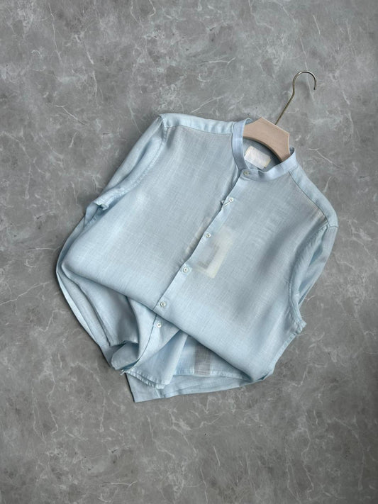 SKY BLUE LINEN MANDRIAN COLLAR SHIRT