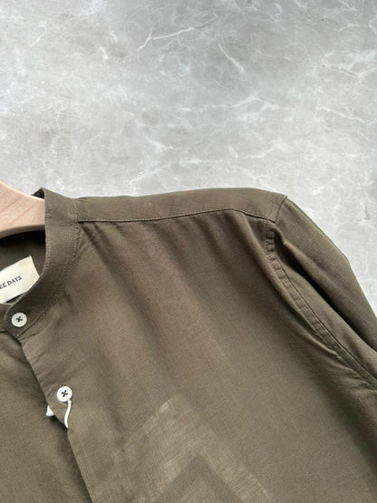 GREEN LINEN MANDRIAN COLLAR SHIRT