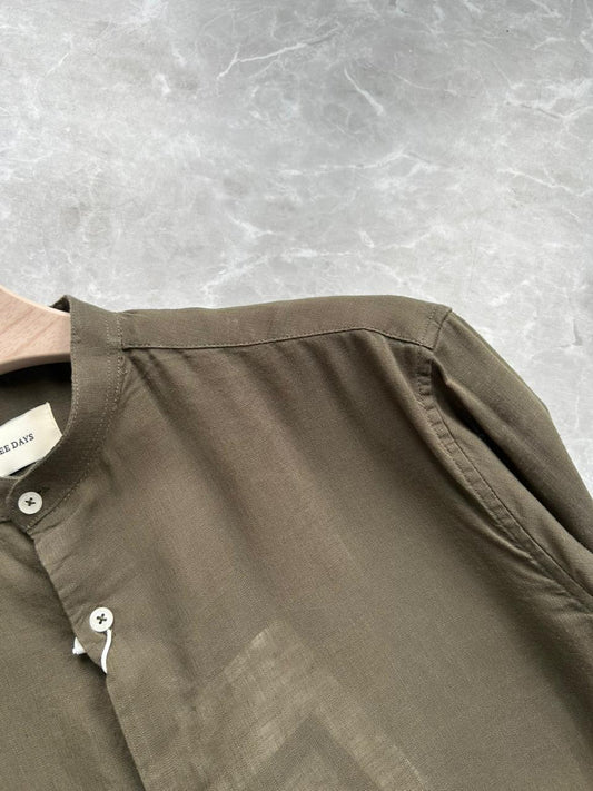 GREEN LINEN MANDRIAN COLLAR SHIRT