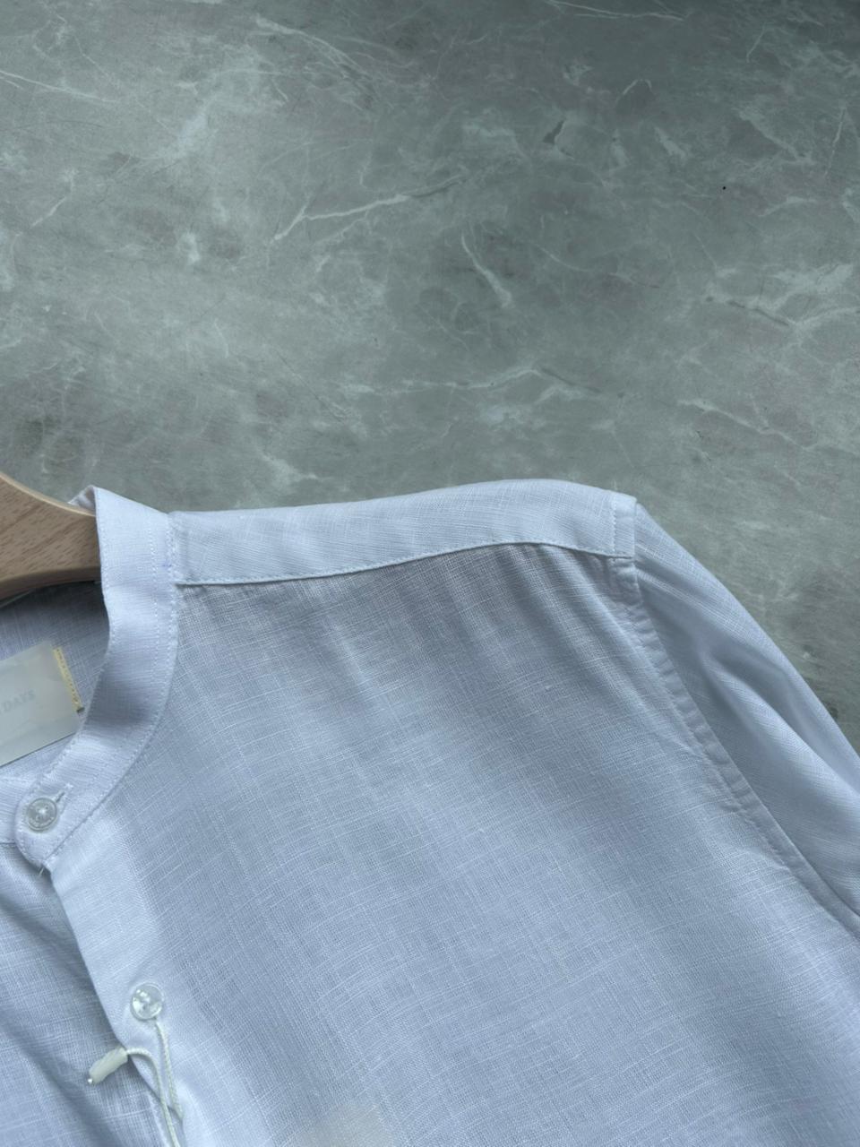 WHITE LINEN MANDRIAN COLLAR SHIRT
