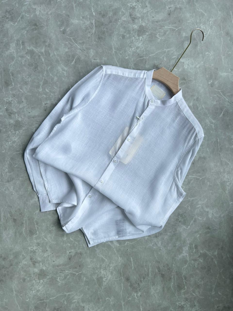 WHITE LINEN MANDRIAN COLLAR SHIRT
