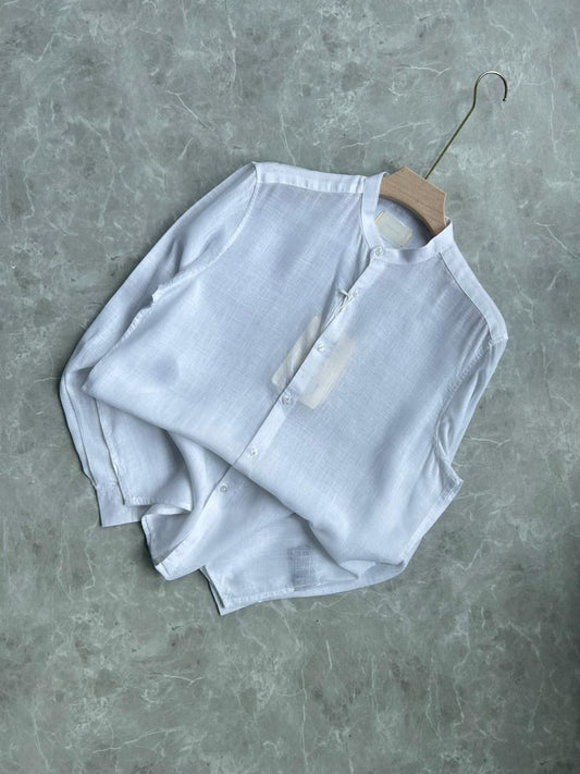WHITE LINEN MANDRIAN COLLAR SHIRT