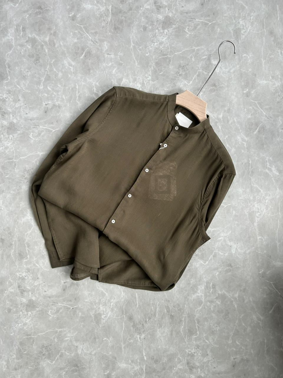 GREEN LINEN MANDRIAN COLLAR SHIRT
