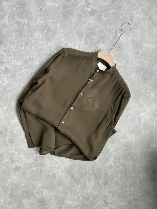 GREEN LINEN MANDRIAN COLLAR SHIRT