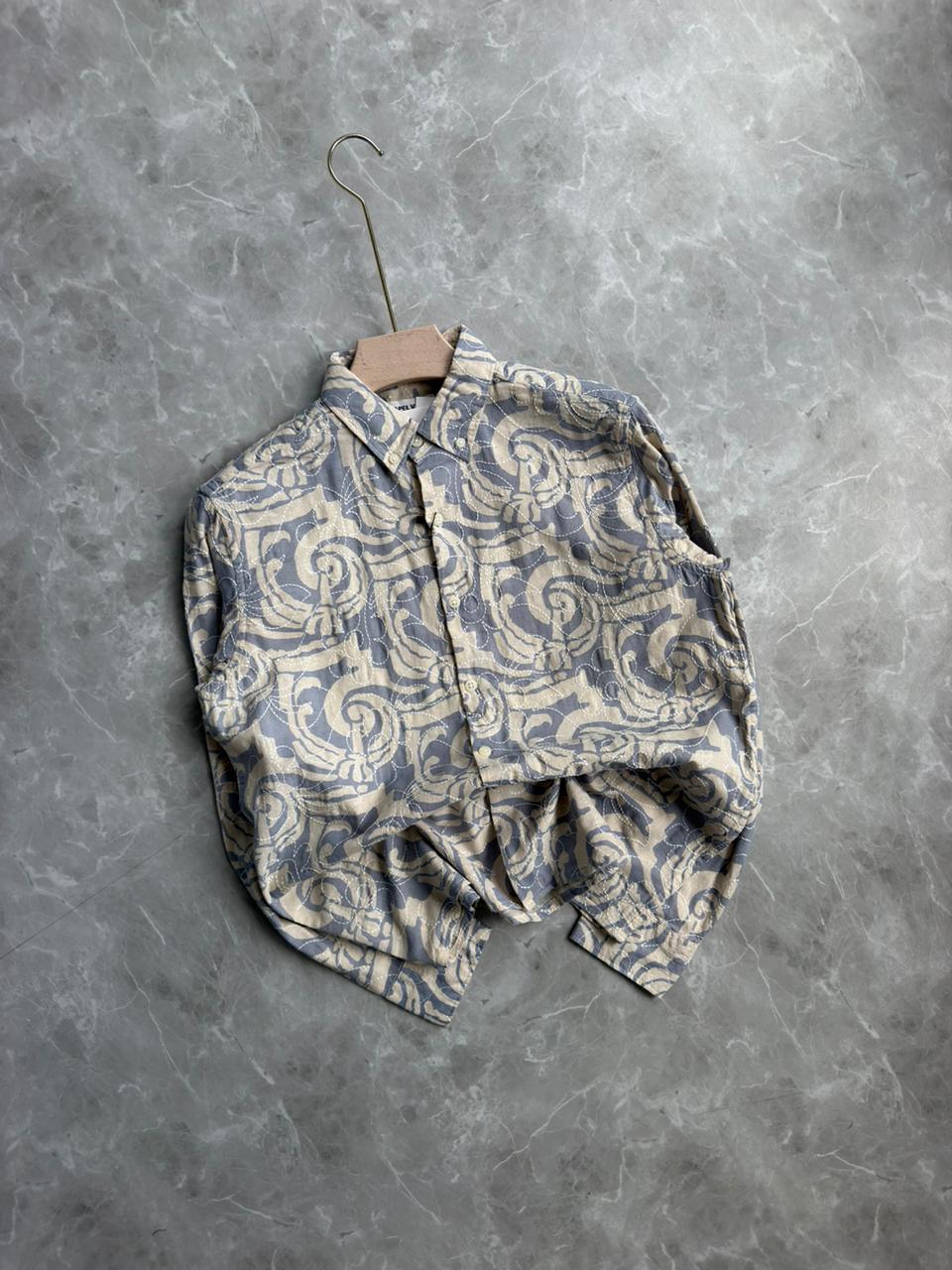 BLUE LINEN PRINT EMBROIDERY SHIRT