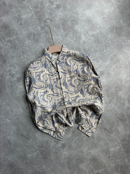 BLUE LINEN PRINT EMBROIDERY SHIRT