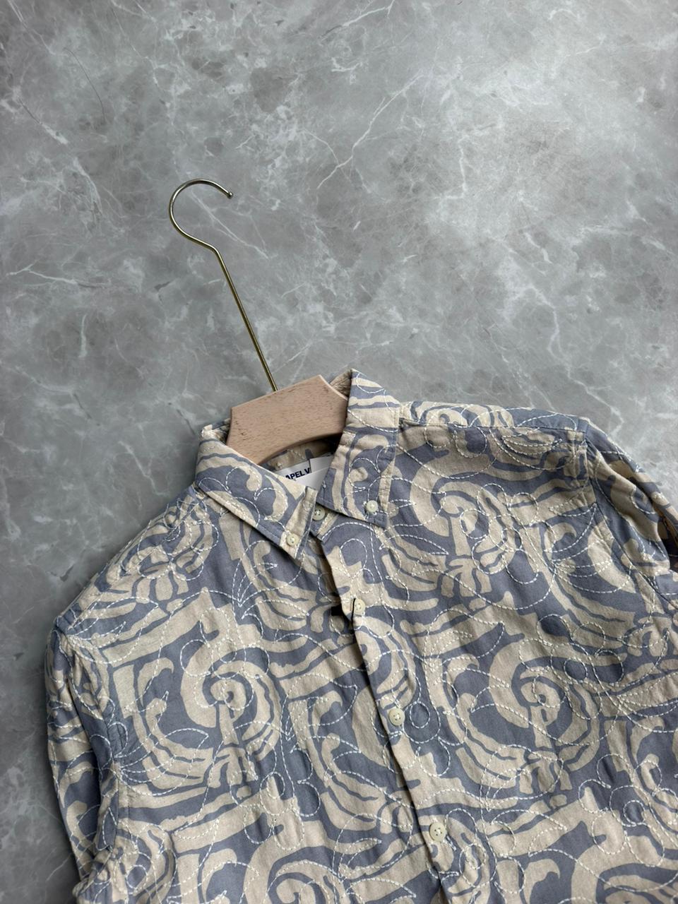 BLUE LINEN PRINT EMBROIDERY SHIRT