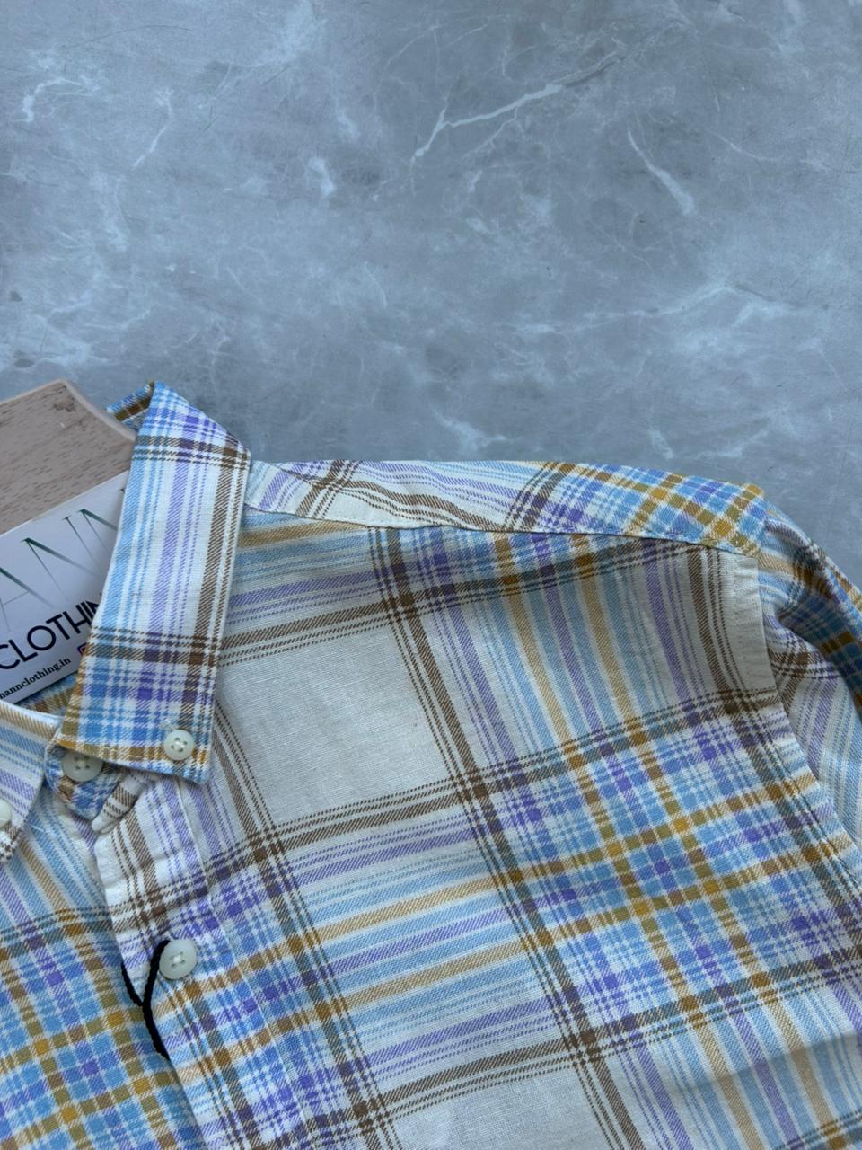 BLUE LINEN FLANEL CHECKED SHIRT