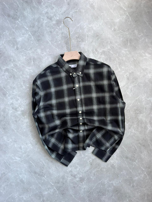 DARK GRAY BRUSH COTTON FLANNEL CHECKED SHIRT