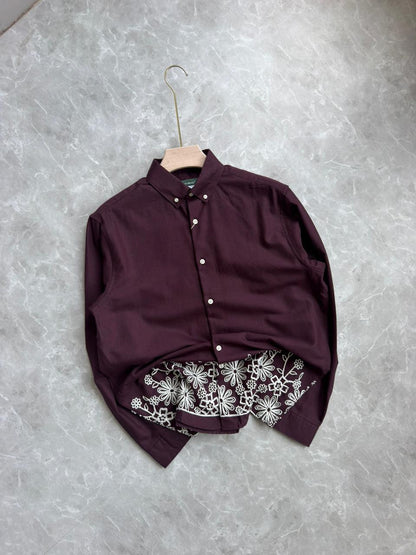 WINE LINEN EMBROIDRY SHIRT