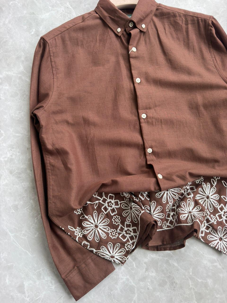 BROWN LINEN EMBROIDRY SHIRT