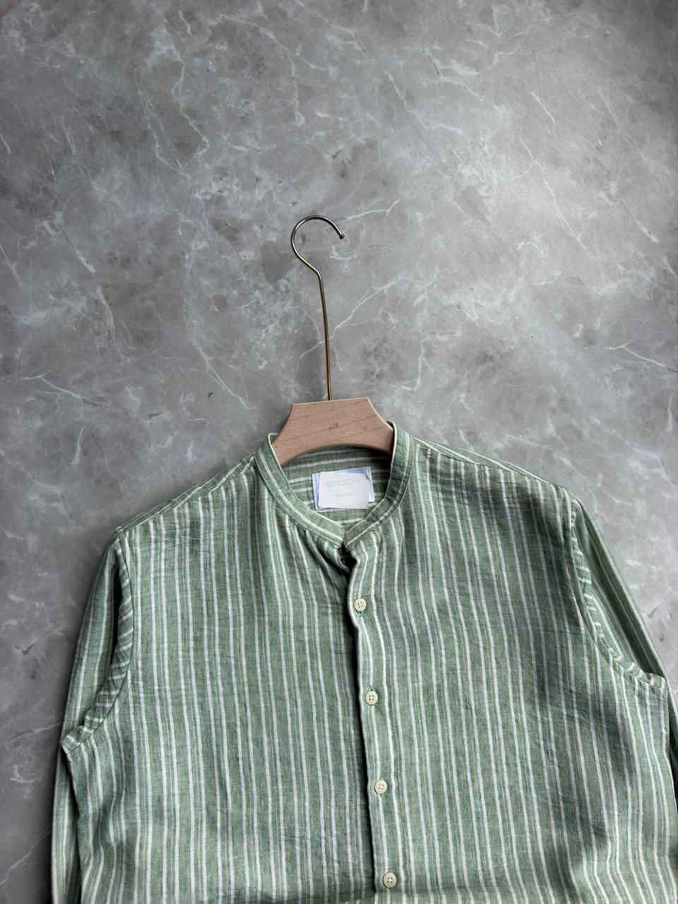 GREEN STRIPES MANDRIAN COLLAR SHIRT