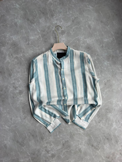 BLUE LINEN STRIPES MANDRIAN COLLAR SHIRT