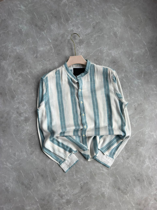 BLUE LINEN STRIPES MANDRIAN COLLAR SHIRT