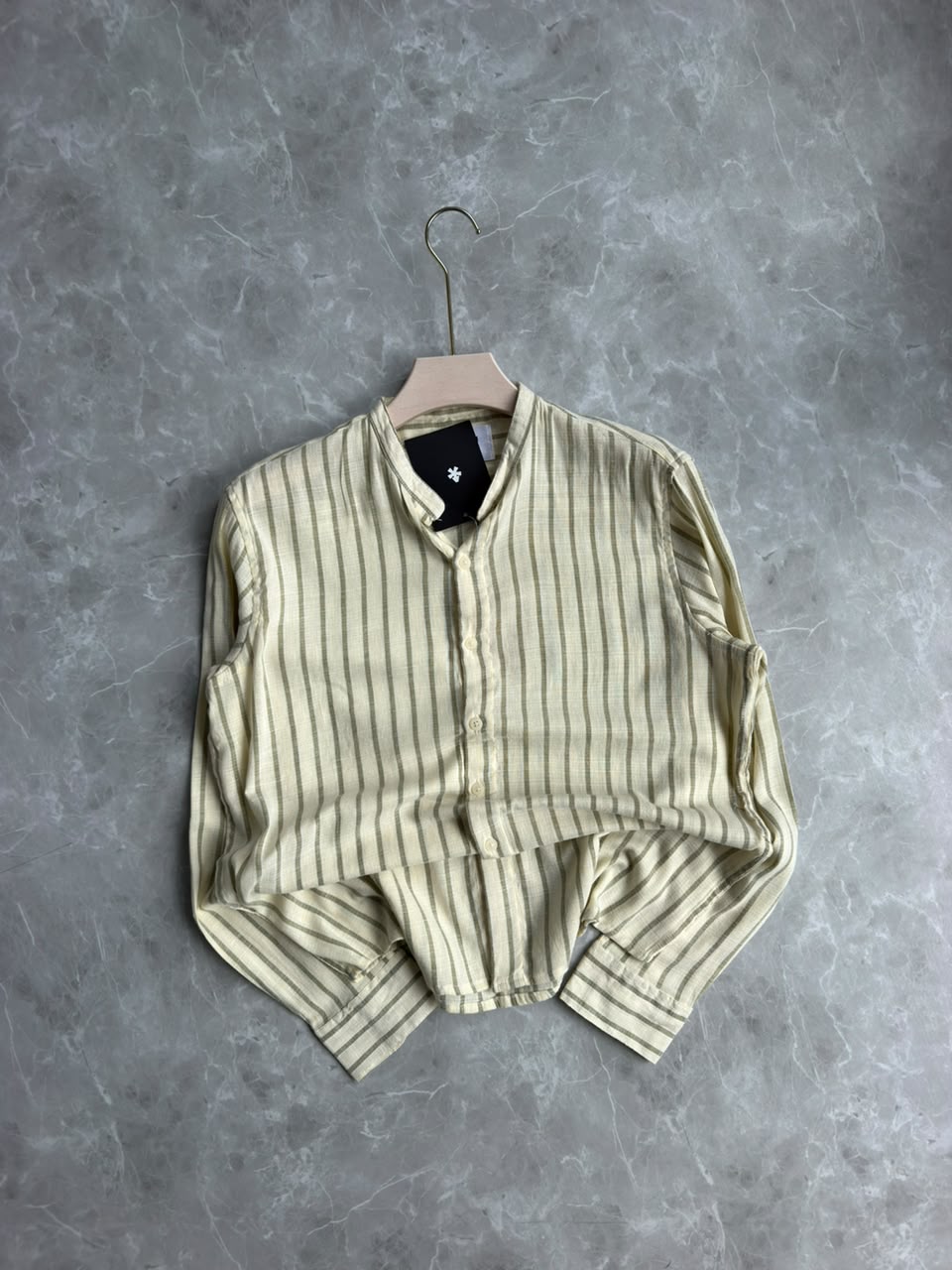 LIGHT GREEN STRIPES MANDRIAN COLLAR SHIRT
