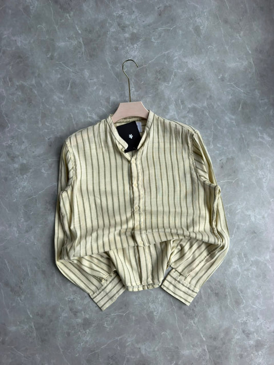 LIGHT GREEN STRIPES MANDRIAN COLLAR SHIRT