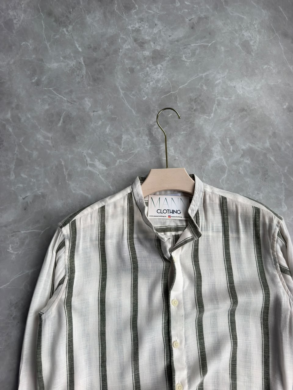 GREEN LINEN STRIPES MANDRIAN COLLAE SHIRT