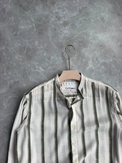 GREEN LINEN STRIPES MANDRIAN COLLAE SHIRT